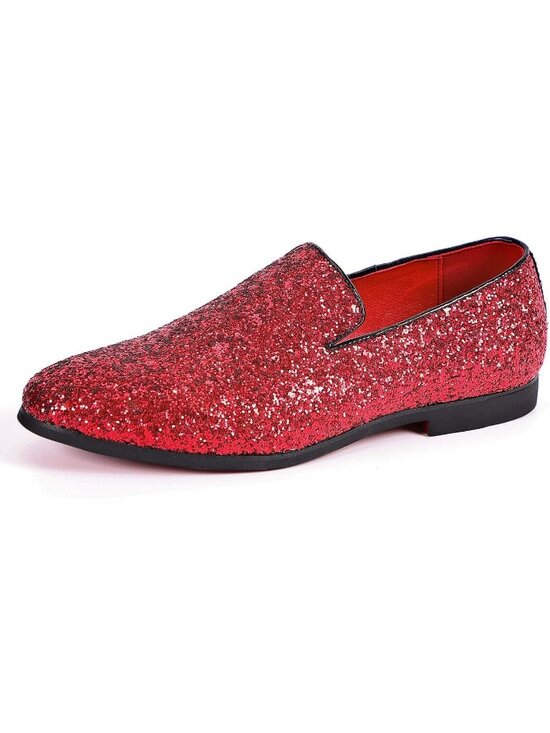 Men\'s Red Leather Glitter Sparkly Loafers Slip On Tuxedo Formal Events Shoes